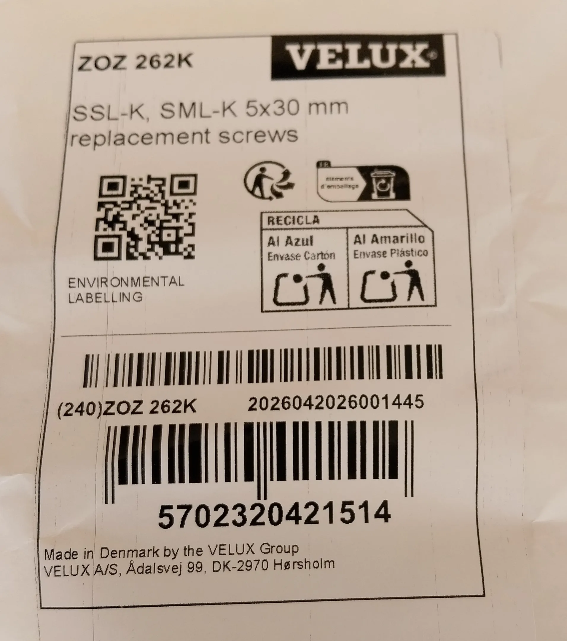 VELUX-Rollladen Montagebeutel ZOZ 262K